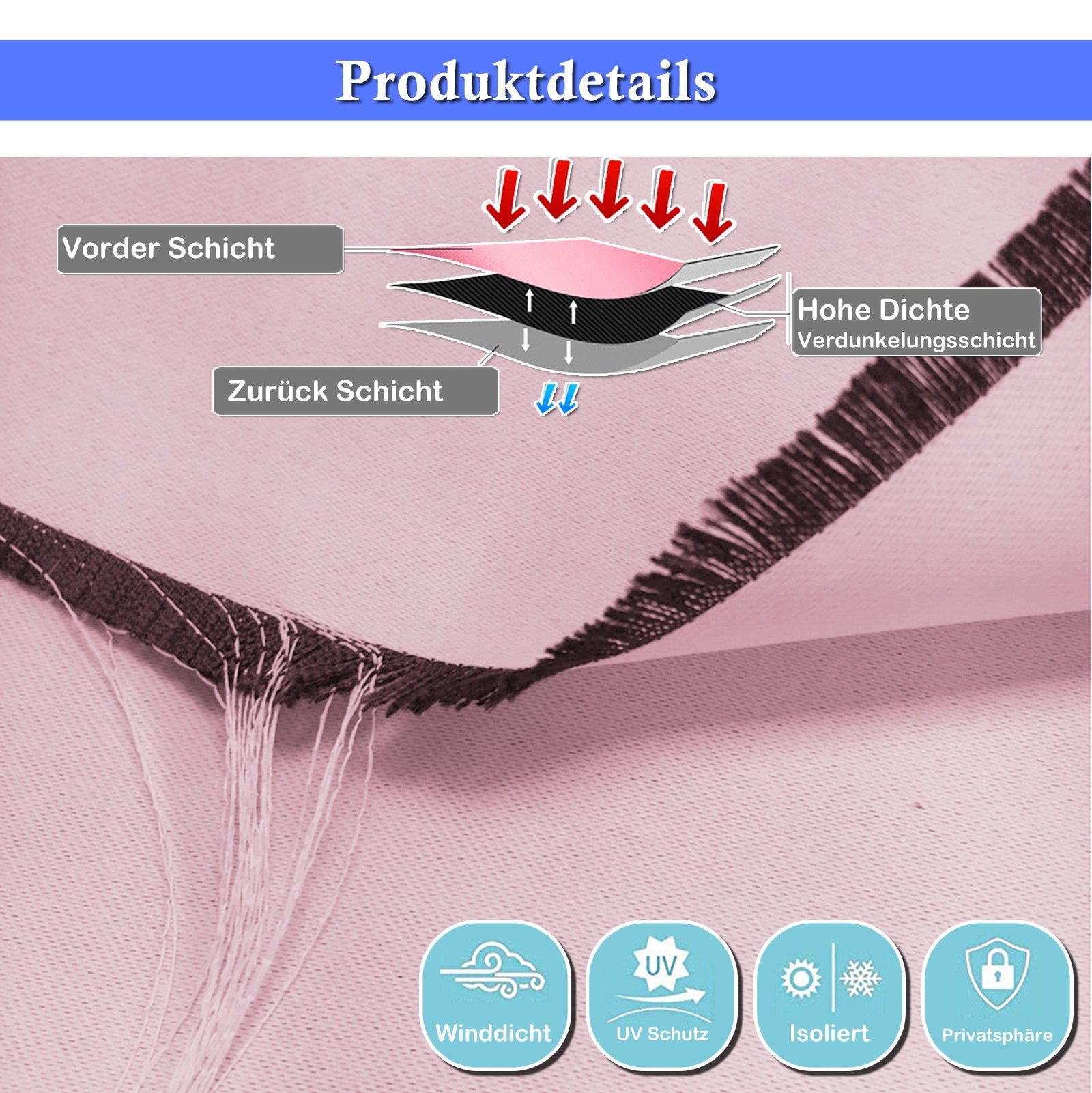 Wärmeisolierter St) (2 Qelus, Rosa Gardine Verdunkelungsvorhang Vorhang, Doppelschicht