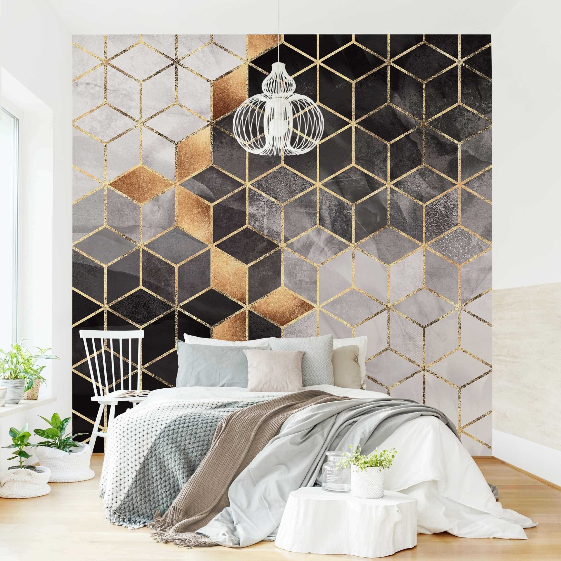 Bilderdepot24 Vliestapete Abstrakt Schwarz Weiß goldene Geometrie Tapete Wanddeko  Modern Kunst, Glatt, Matt, (Inklusive Gratis-Kleister oder selbstklebend),  Wohnzimmer Schlafzimmer Küche Flur Fototapete Motivtapete Wandtapete