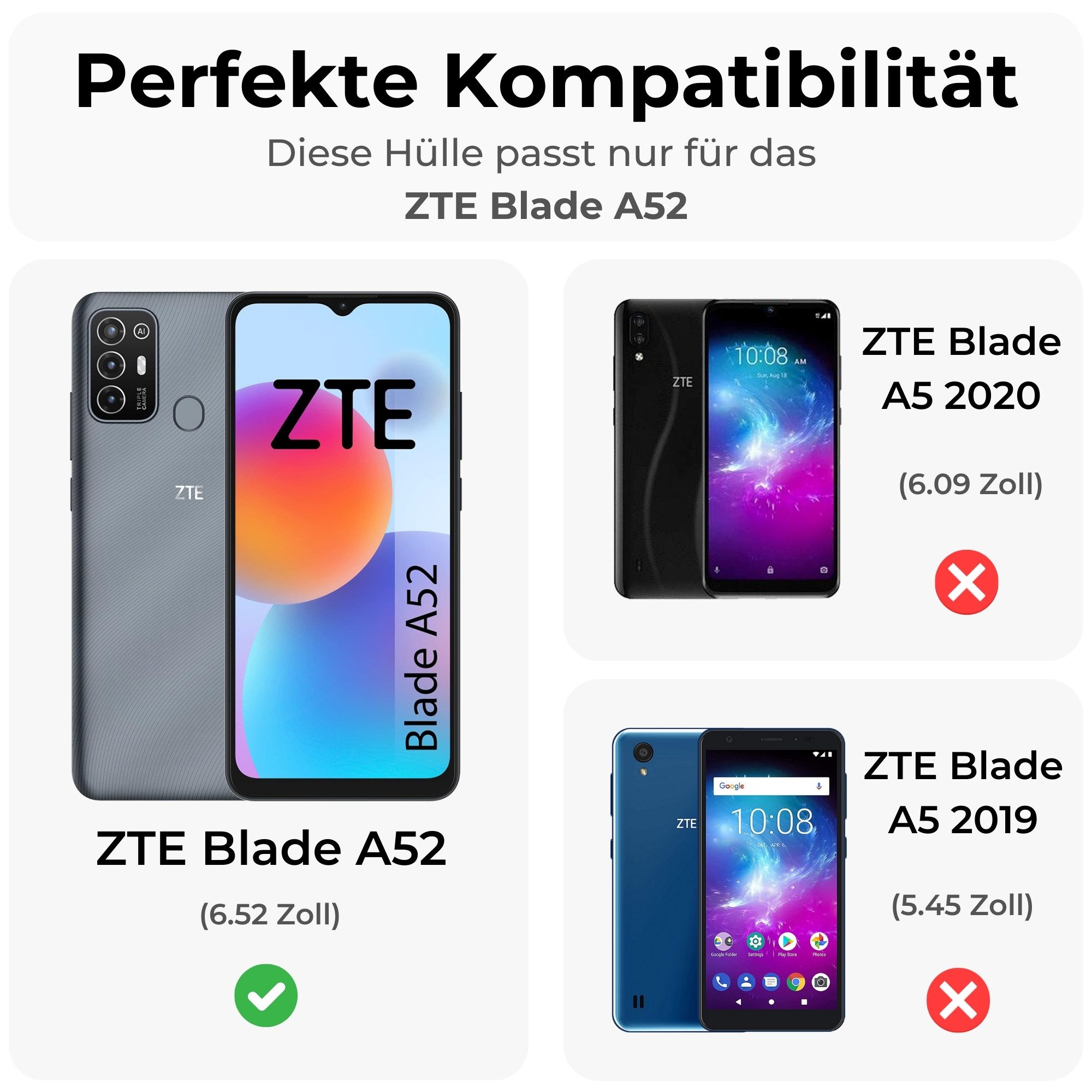 betterfon Handyhülle Handytasche für ZTE Blade A52 Klapphülle Flip Case, Bookstyle-Hülle: Magnetverschluss 3 Kartenfächer & Standfunktion