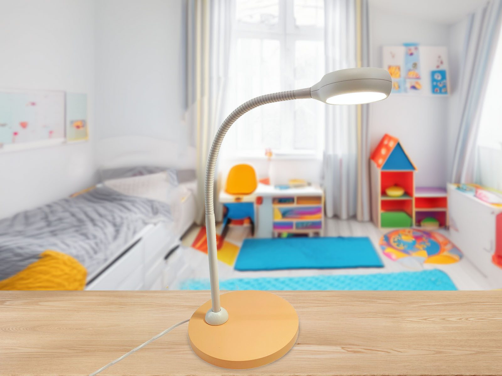niermann LED Schreibtischlampe, Flexarm, LED wechselbar, Warmweiß, Leselampe Bett und Nachttisch-Lampe mit Holz-Fuß & Schwanenhals, 43cm