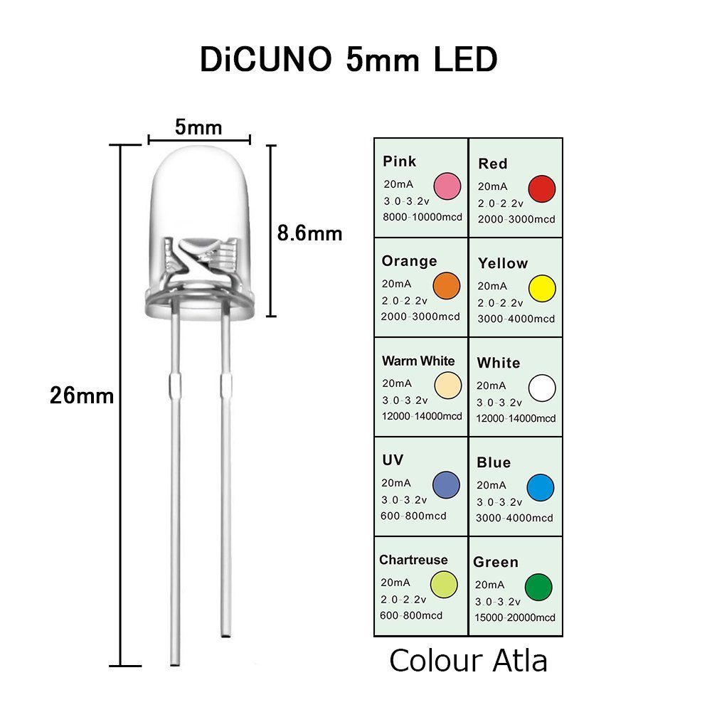 in blau, 3mm, grün, Lampe, St., rot, Diodenlichter, LED, Leuchtdiode, cyan, Ogeled pink, weiß, LED-Leuchtmittel UV 5mm, Dioden, 10 warmweiß, orange, gelb, Glühbirnen,