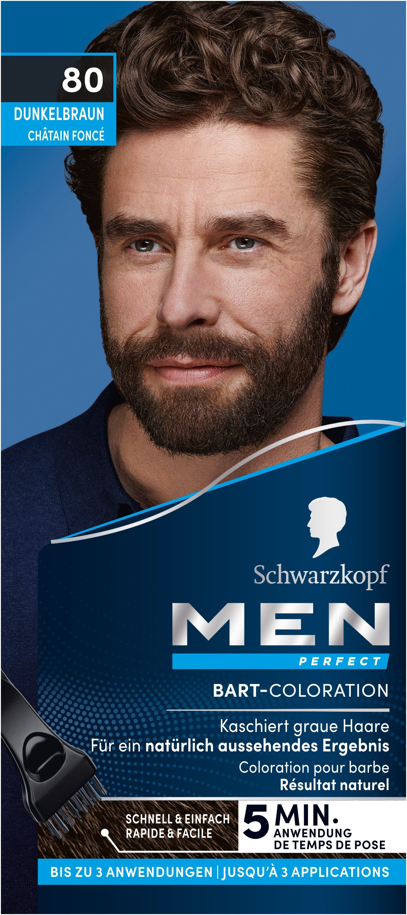 Schwarzkopf Bartfarbe Men Perfect 80 Dunkelbraun 3x 30ml, Vorratspack, 3-tlg., Schnelles Kaschieren grauer Haare, für ein natürlich aussehendes Ergebnis