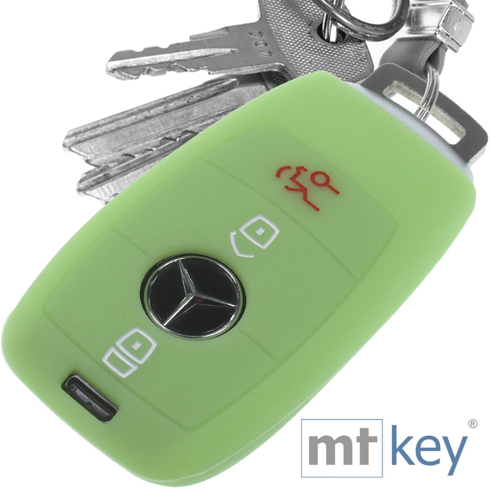 mt-key Schlüsseltasche Autoschlüssel Softcase Silikon Schutzhülle fluoreszierend Grün, für Mercedes Benz E-Klasse W213 S213 C238 W238 3 Tasten KEYLESS