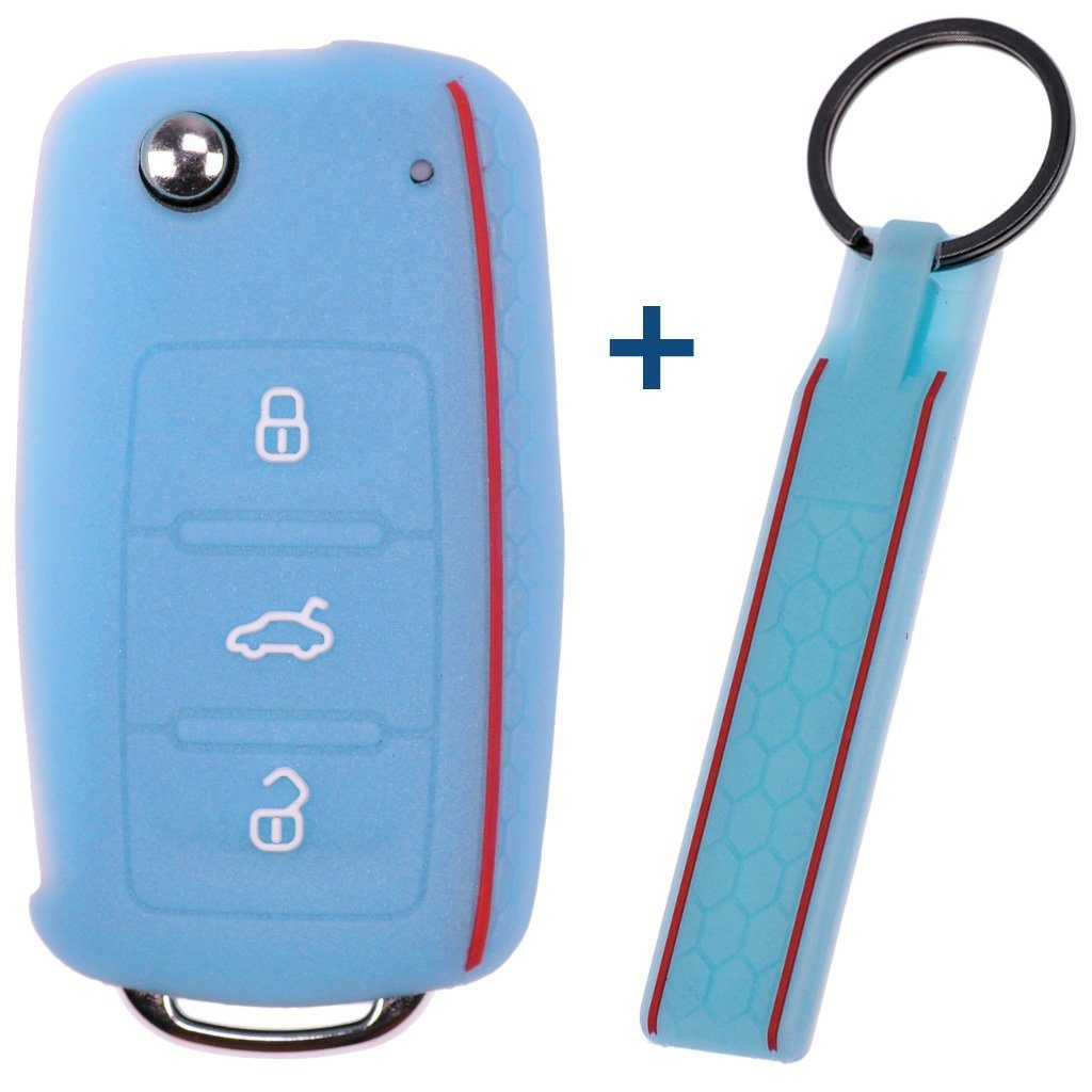 mt-key Schlüsseltasche Autoschlüssel Silikon Schutzhülle mit passendem Schlüsselband, für VW SEAT Skoda Golf 6 Octavia UP Leon ab 11/2009 3 Tasten Fluoreszierend Blau