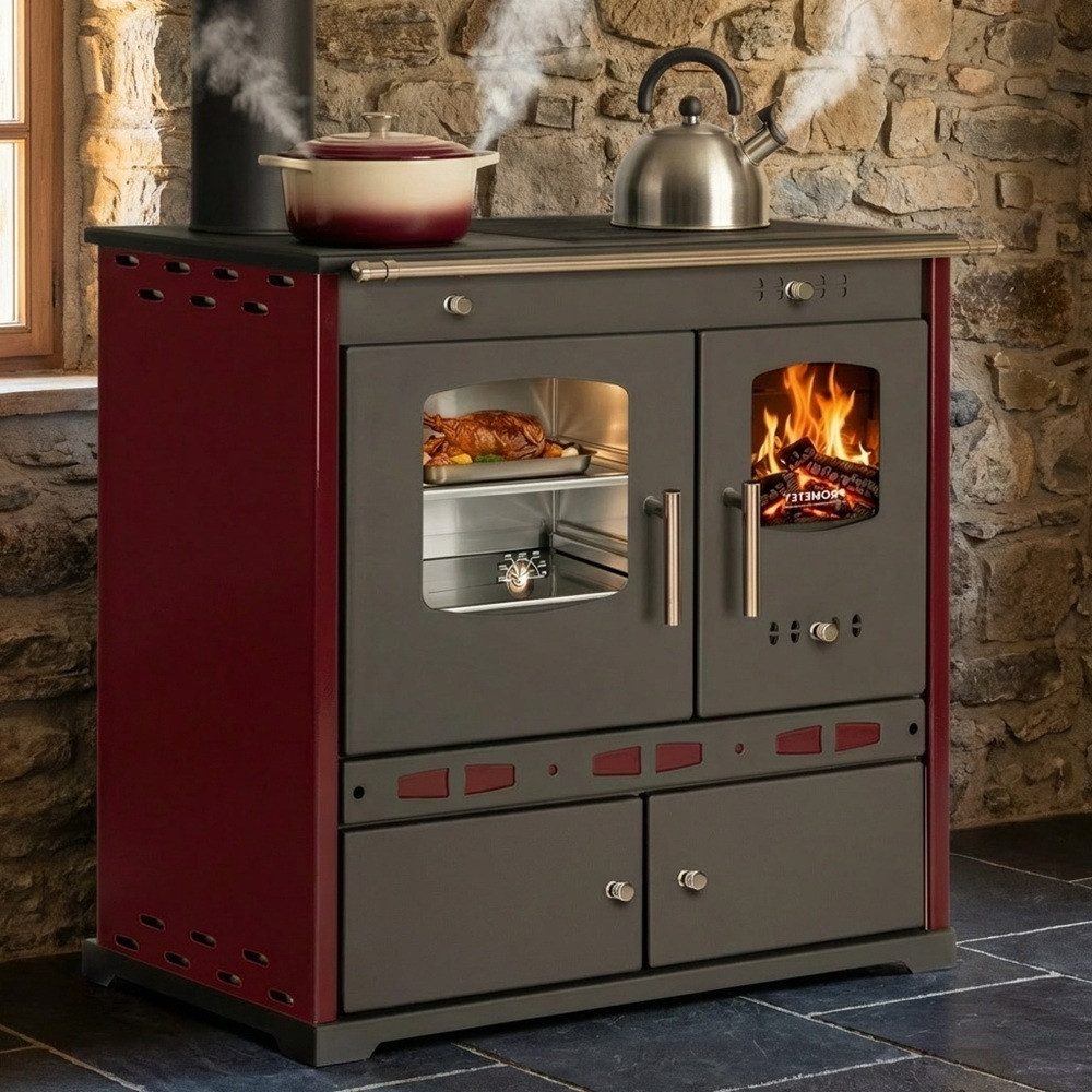 Prometey Festbrennstoffherd Holzherd ECO LUX INOX, Edelstahlbackfach, bordeaux, linke Version, 7,1 kW – Bild 5 von 5