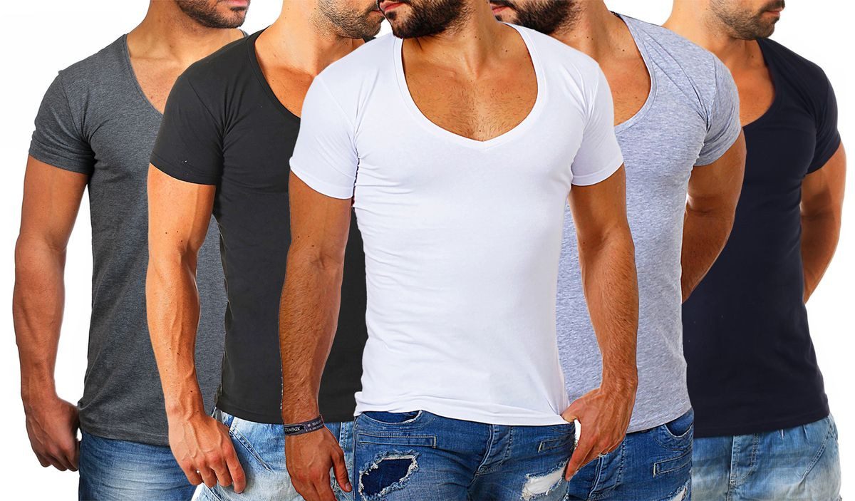 Young & Rich T-Shirt Herren Uni Basic extra tiefer Ausschnitt Unterziehshirt 1315 V-Ausschnitt unifarben kurzarm slim fit