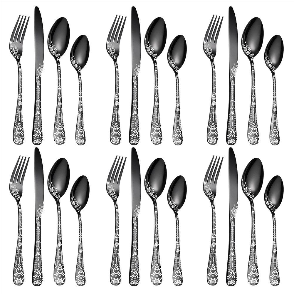 KingLux Besteck-Set 24Stk.Schwarz Besteck-Set für 6 Personen Edelstahl mit Blumenmuster (24-tlg), 6 Personen, Edelstahl