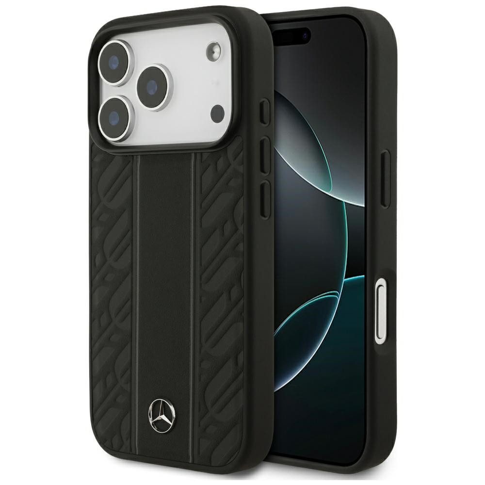 Mercedes Benz Handyhülle iPhone 17 Pro Echtleder schwarz Muster Logo Metall MagSafe 6,3 Zoll, Kantenschutz