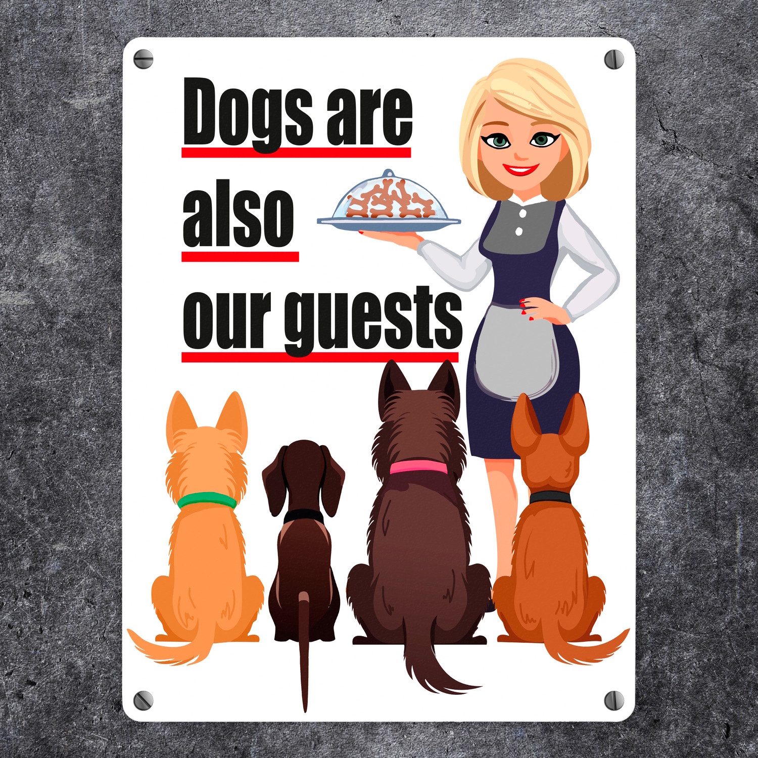 speecheese Metallschild Hunde im Restaurant Metallschild in 15x20 cm mit Spruch: Dogs are our