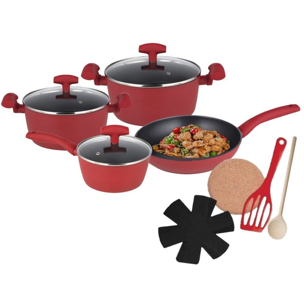 KESSMANN Pfannen-Set Bratpfanne 24 cm + Stieltopf 18 cm + 2 Brattöpfe 20 24 cm + 3 Deckel, Aluminium (Set, 13-tlg., Inkl. 3 Filzeinlagen + 1 Pfannenwender + 1 Untersetzer + 1 Holzlöffel), Topfset Pfannenset Hochrand Pfanne Induktionsherd Fleischtopf Topf