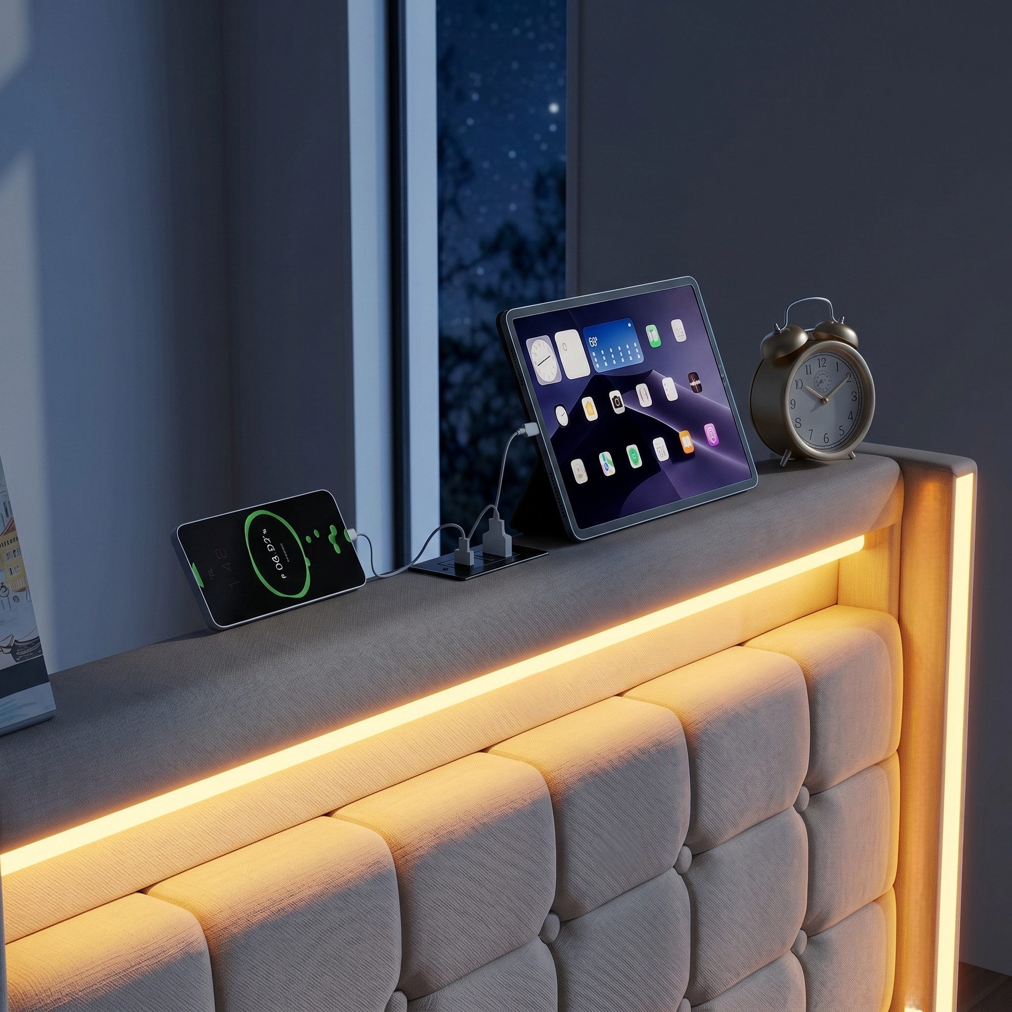 PXloue Polsterbett LED Doppelbett 140x200cm mit Ladefunktion und 4 Schubladen Polsterbett (Geeignet für Jugendliche und Erwachsene), Stauraumbett, mit RGB-LED, Lattenrost und praktischen Schubladen
