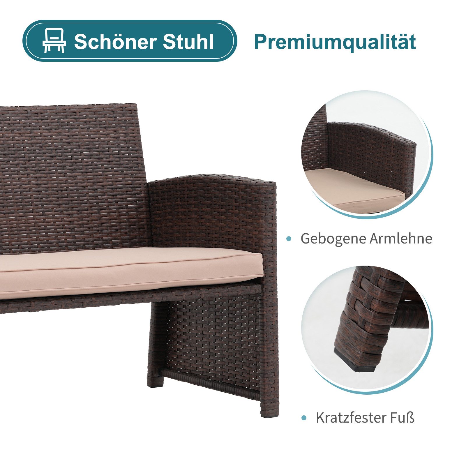 JOIVI Gartenbank Outdoor Loveseat (3-tlg Terrassenmöbel-Set, Allwetter Rattan Gartenbank mit 2 Hocker), Braun Rattan&Beige Kissen