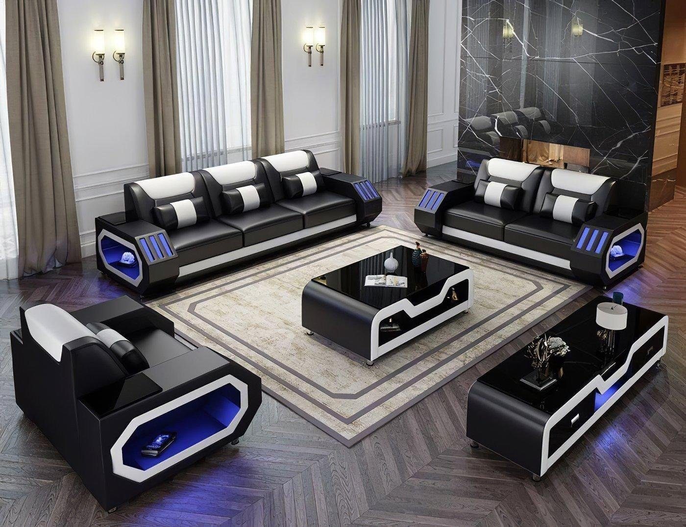JVmoebel Wohnzimmer-Set, Ledersofa Couch Wohnlandschaft 321 Sitzer Garnitur Design Modern Sofa Schwarz/Weiß