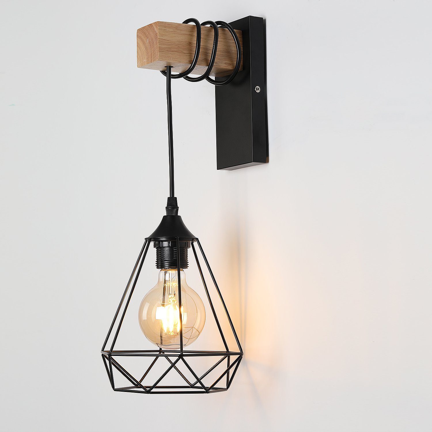 iscooter Wandleuchte Wandlampe Innen, Innen, Design, LED 1 Wandlampe Retro Industrial Stahl Retro Lampe Stück Glühbirne und Holz, Wandleuchte wechselbar, im mit aus