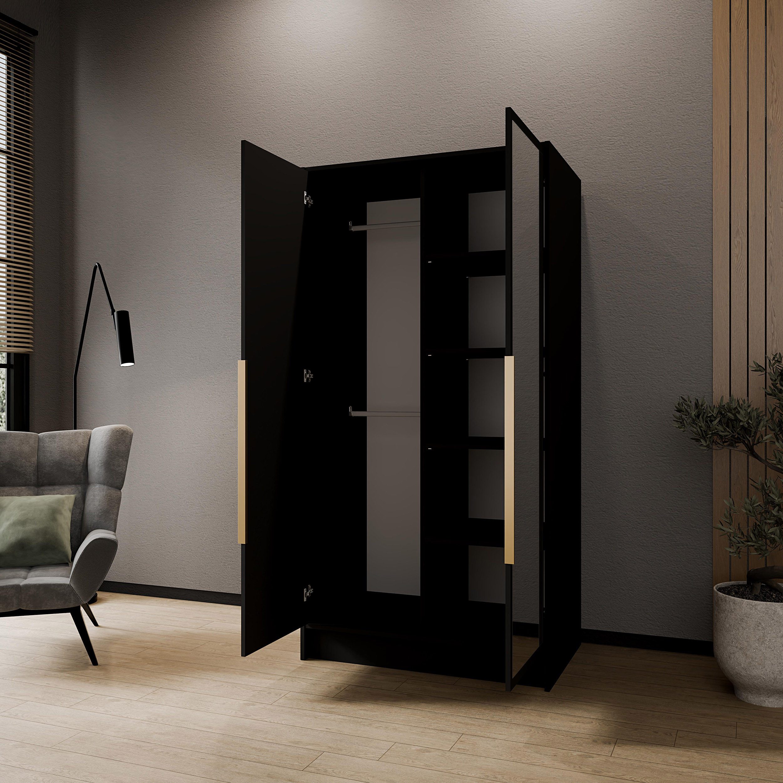 Beautysofa Drehtürenschrank LARO mit Spiegel und flexibel anpassbarer Innenaufteilung (Weiß, Schwarz oder Kaschmir, Griffe Schwarz oder Gold) 2-türiger Kleiderschrank
