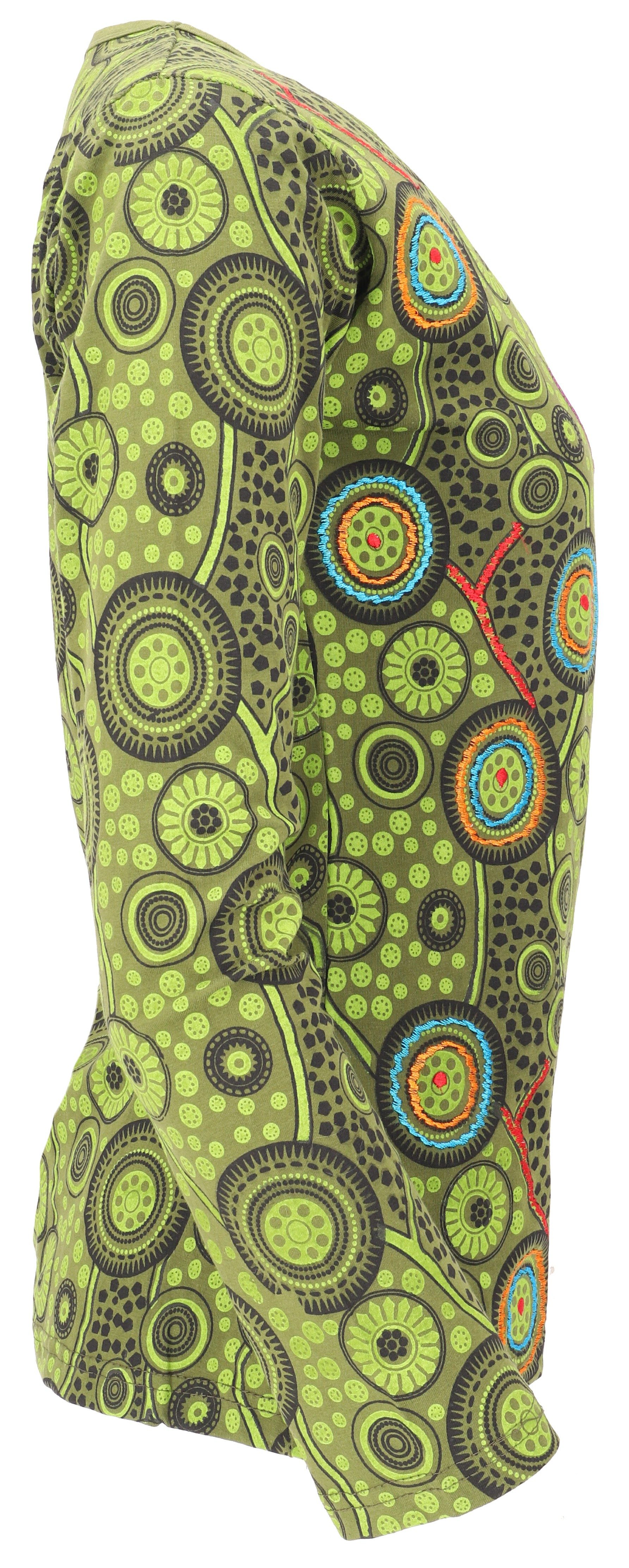 Guru-Shop Longsleeve Besticktes Langarmshirt Hippie chic Retro - grün alternative Bekleidung