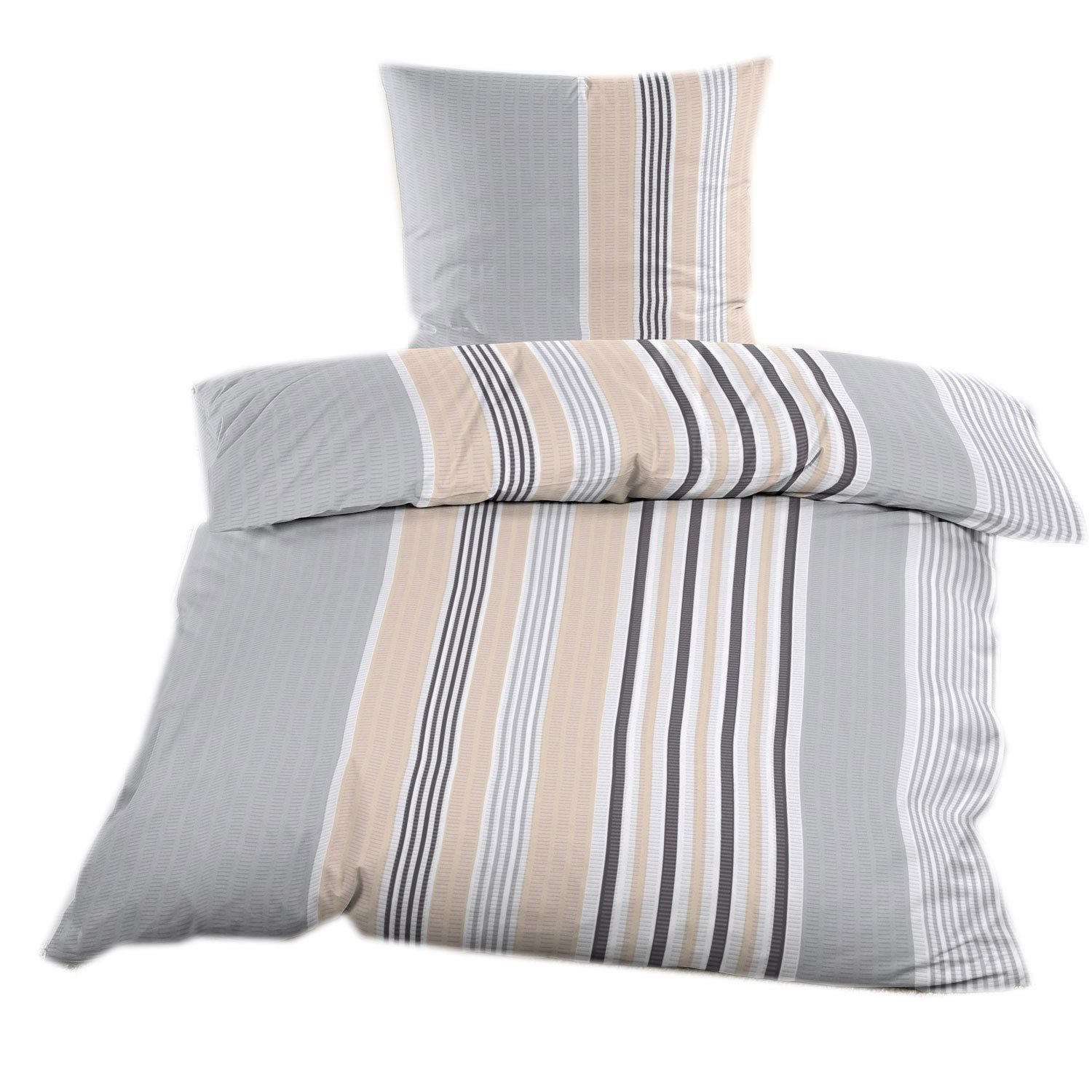 Casa Colori Bettwäsche Renforce 135x200 100% Baumwolle Bettgarnitur in Grau Beige gestreift, Renforce, 2 teilig, Ganzjahresbettwäsche aus 100% Baumwolle
