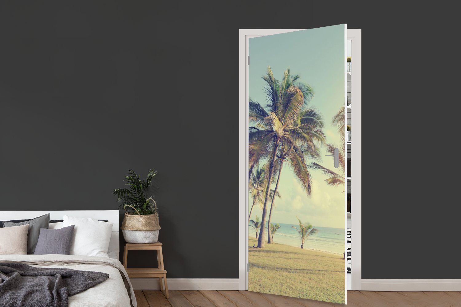 Tür, Sommer - Palme (1 MuchoWow Sonne - - für cm - Meer Türtapete 75x205 St), Türaufkleber, bedruckt, Strand, Fototapete Matt,