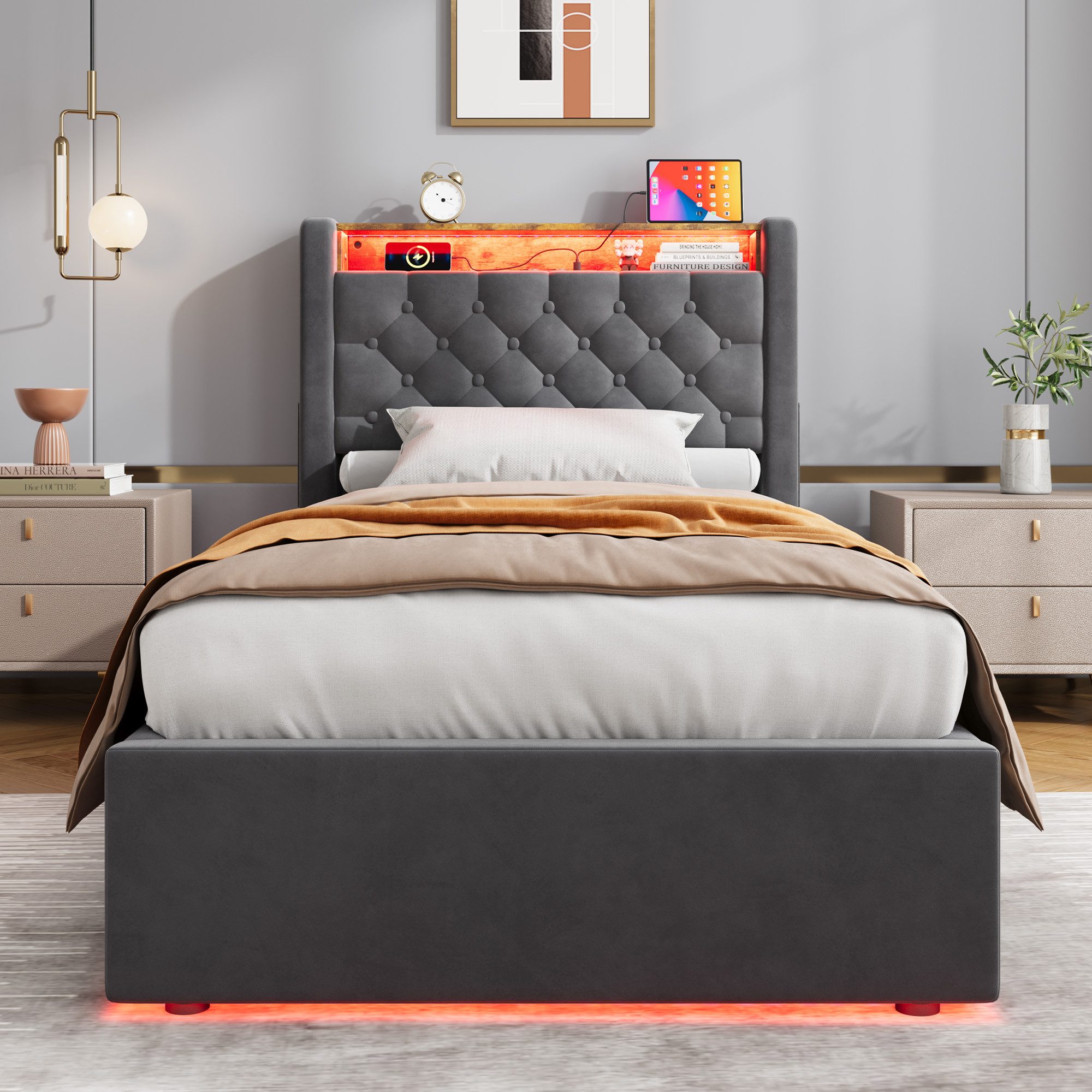 STILVORA Polsterbett 90×190 mit bettkasten,Funktionbett Jugenbett mit Stauram & Steckdose (Hochdichter Lattenrost, Metall-Querstrebe,Gepolstertes Kopfteil, Mode – Bild 4 von 5