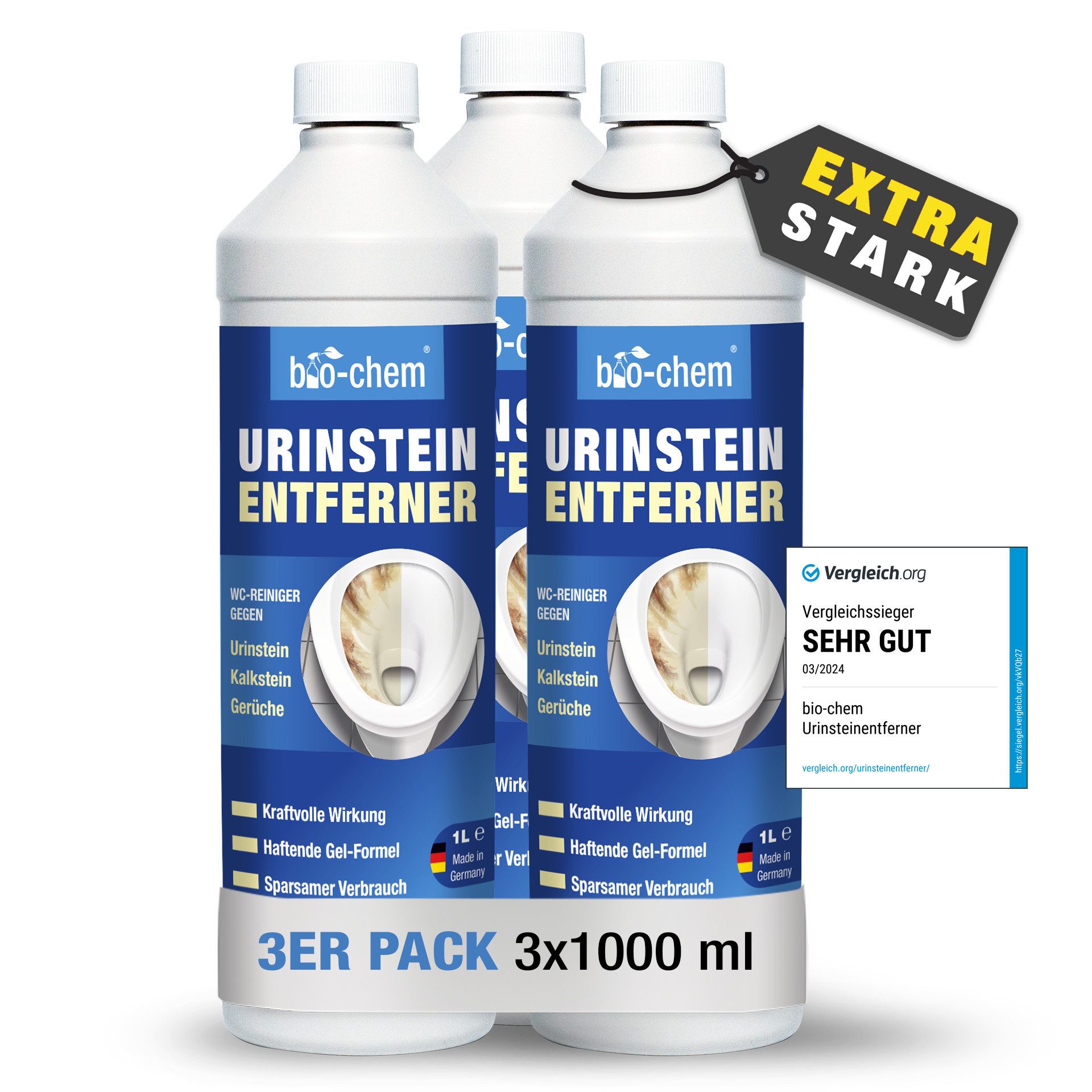 bio-chem bio-chem Urinsteinentferner EXTRA STARK 3x1000 ML inkl. Schrägdüse WC-Reiniger (Sparpaket, [- Urinsteinentferner 3x 1 l + Schrägdüse Profi WC-Reiniger für hartnäckigste Ablagerungen & Urinstein)