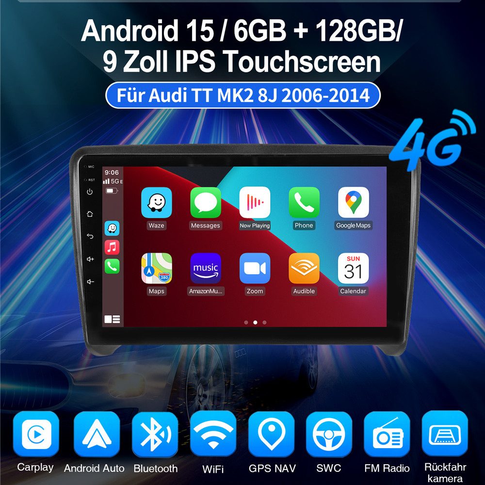 ESSGOO Für Audi TT MK2 8J 2006-2014 Carplay 6+128GB 8-Kern Autoradio (Digitalradio (DAB), RDS, FM, AM, 4G LTE Carplay Android Auto GPS Navi WIFI BT USB EQ)