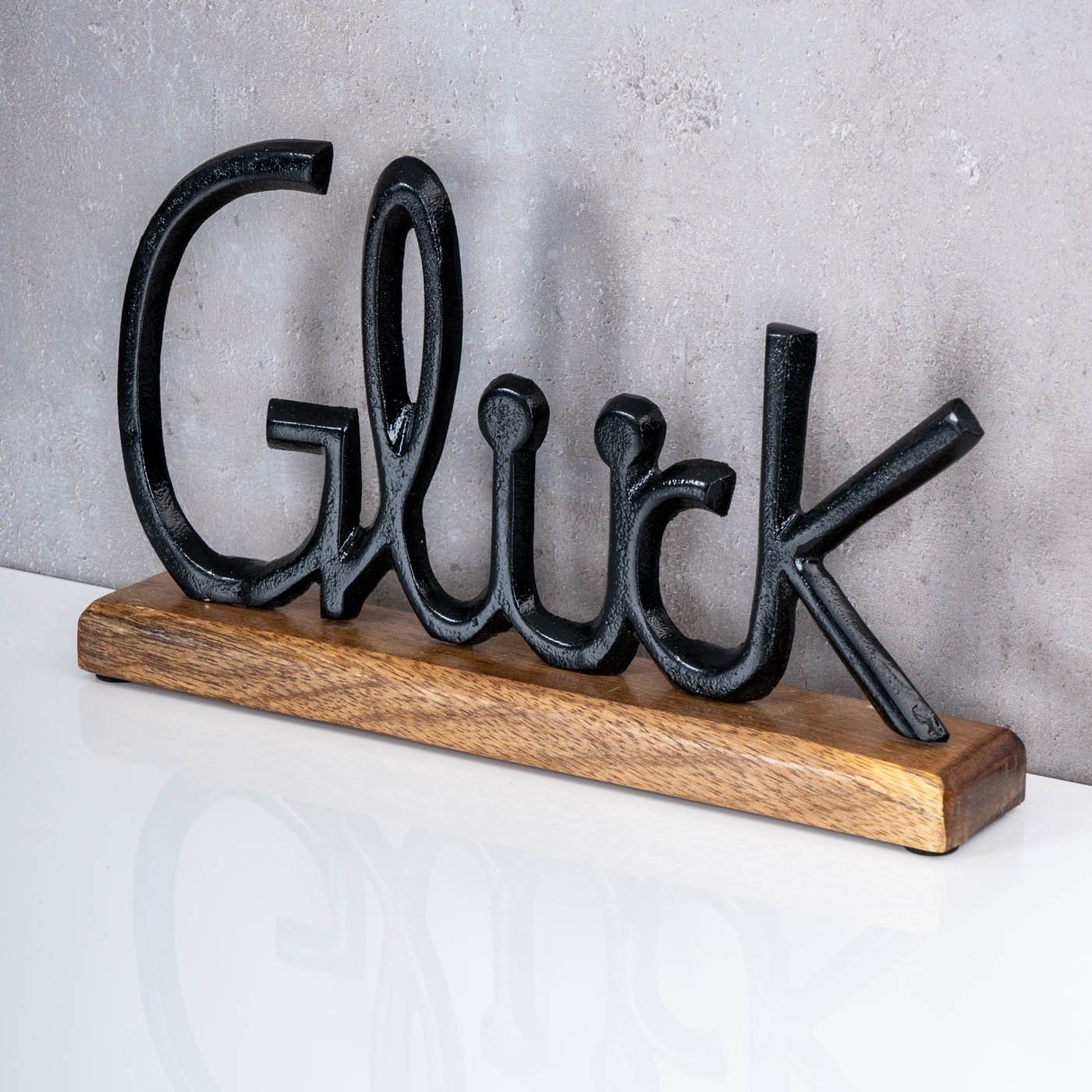 Levandeo® Deko-Schriftzug, Schriftzug Glück L30cm Metall Schwarz Mango Holz Tischdeko Deko