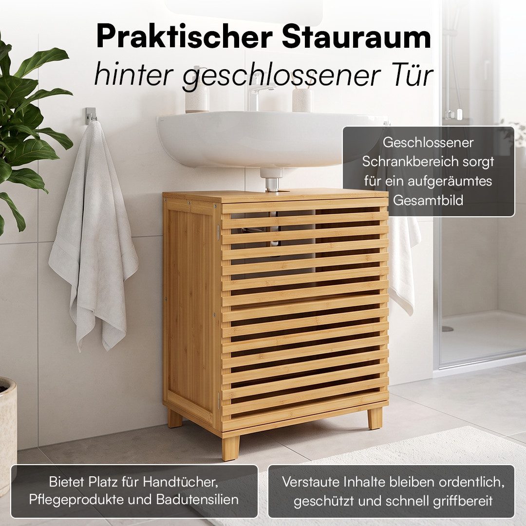 Bellamio Waschbeckenunterschrank Newa, Badezimmerschrank mit zwei Ablagefächern (mit Flügeltüren, 1-St) aus natürlichem Bambus, robst und langlebig – Bild 4 von 5