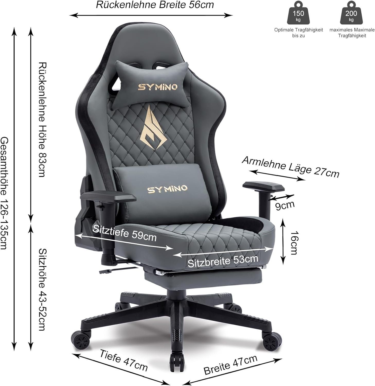 Verstellbarer Gaming-Stuhl (Ergonomischer Burostuhl,Schreibtischstuhl Racing Stuhl symino mit Fußstütze Sitz), Bürostuhl Stuhl Pu-leder Ergonomischer Gaming