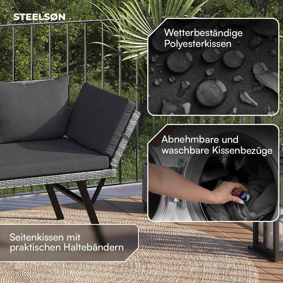 STEELSØN Gartenbank Elytra Relax-Lounge mit klappbaren Armlehnen, 4 Positionen, wetterfest (grau-meliert/anthrazit, inkl. Kissen), Sitzbank mit Liegefunktion bi – Bild 5 von 5