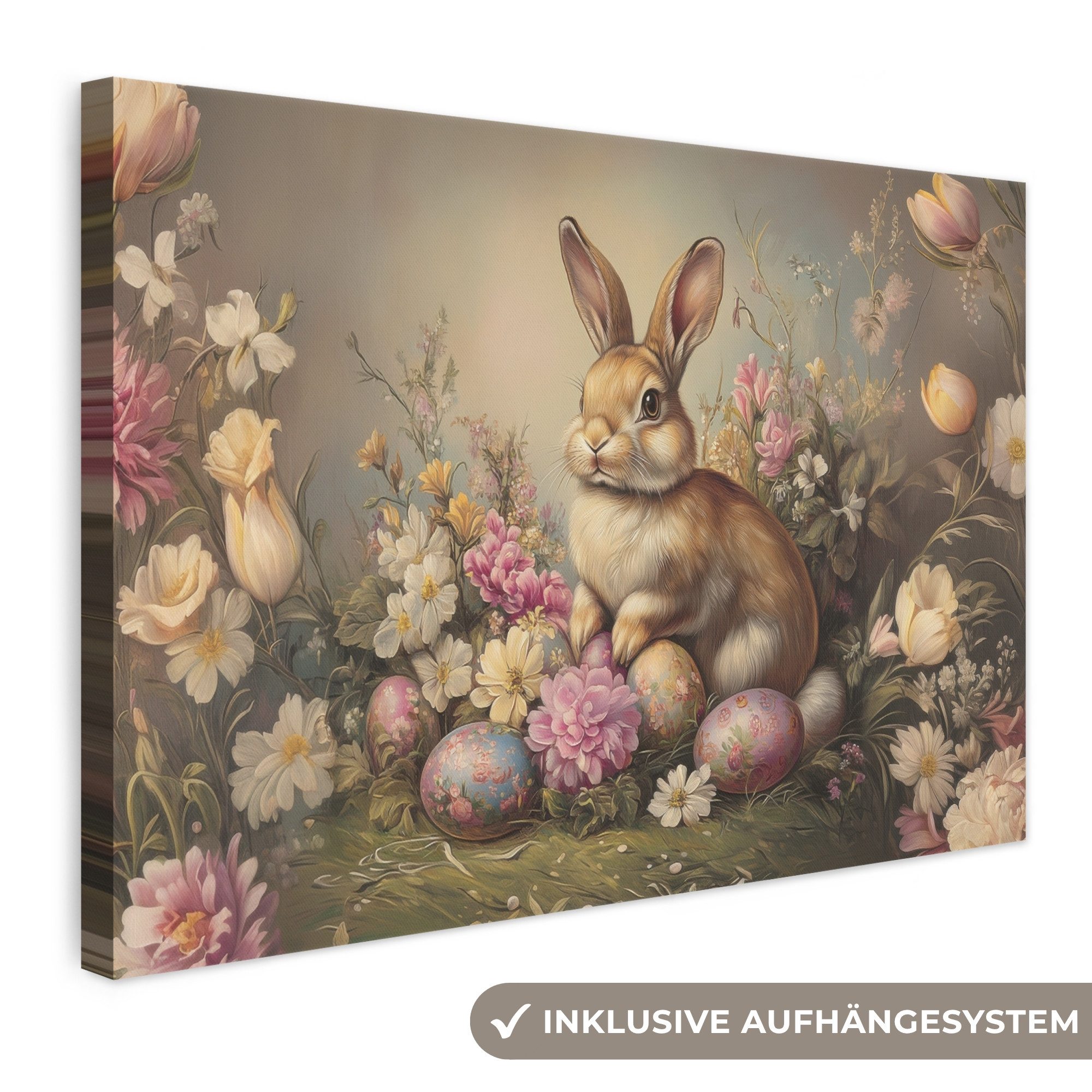 OneMillionCanvasses® Leinwandbild Hase - Stilleben - Blumen - Ostern Deko, Fotodruck (1 St), Leinwand Bilder Klein, Wand Dekoration Aesthetic 30x20 cm