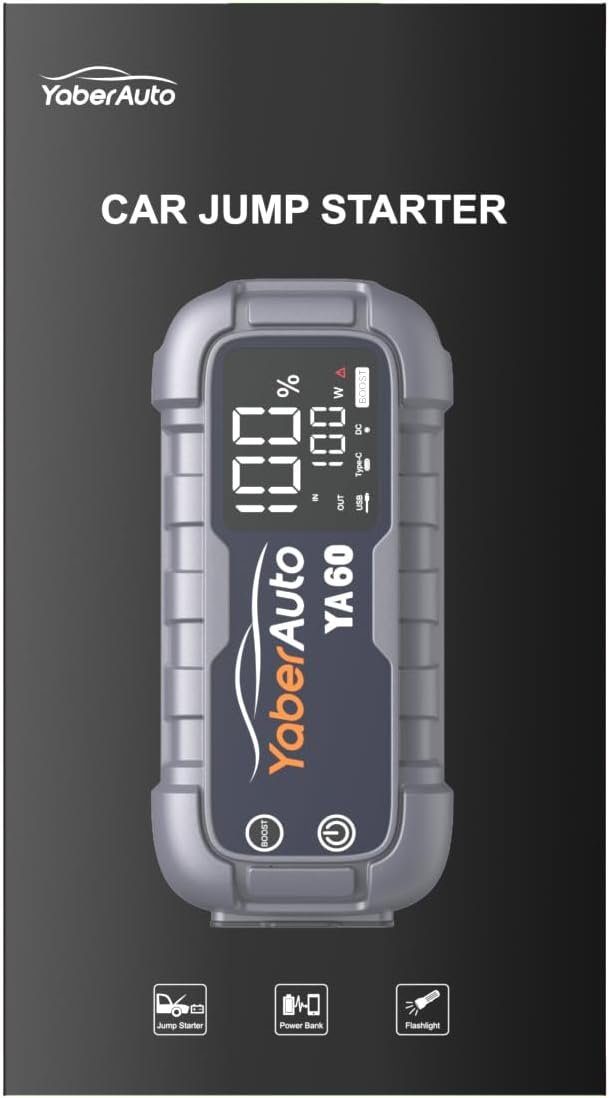 Yaber 6000A Jump Starter Power Bank for Cars, 45W Fast Charging, 26800 mAh, LCD Display, 600 Lumen LED Flashlight