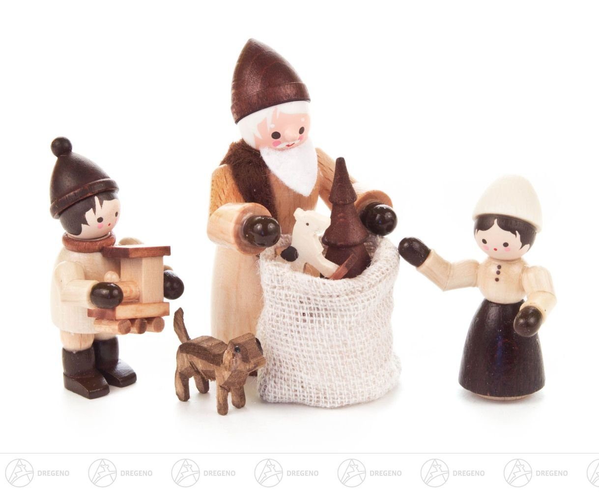 Dregeno Erzgebirge Weihnachtsfigur Weihnachtliche Miniatur Bescherung natur (4) Höhe ca 6,5 cm NEU, mit großem Geschenkesack und Hund