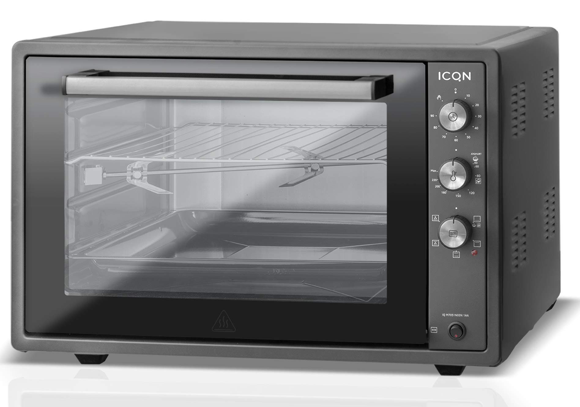 ICQN Minibackofen 60 Liter XXL, 1800 W, inkl. Backblech Set, 40°-230°C,  Umluft, Pizza-Ofen, Doppelverglasung, Drehspieß, Timer, Emailliert