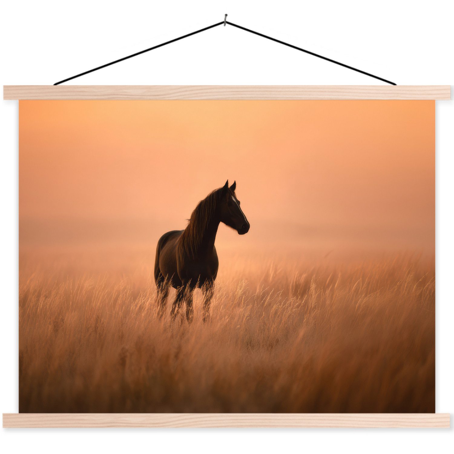 MuchoWow Poster Pferd - Wiese - Sonnenuntergang, (1 St), Posterleiste, Textilposter für Wohnzimmer, Bilderleiste, 40x30 cm