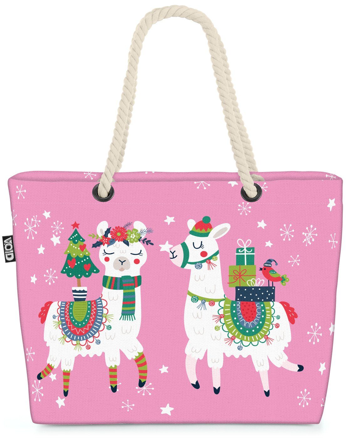 VOID Strandtasche (1-tlg), Lamas Weihnachten rosa Beach Bag Lamas Winter Weihnachten Mexiko Christbaum Tan