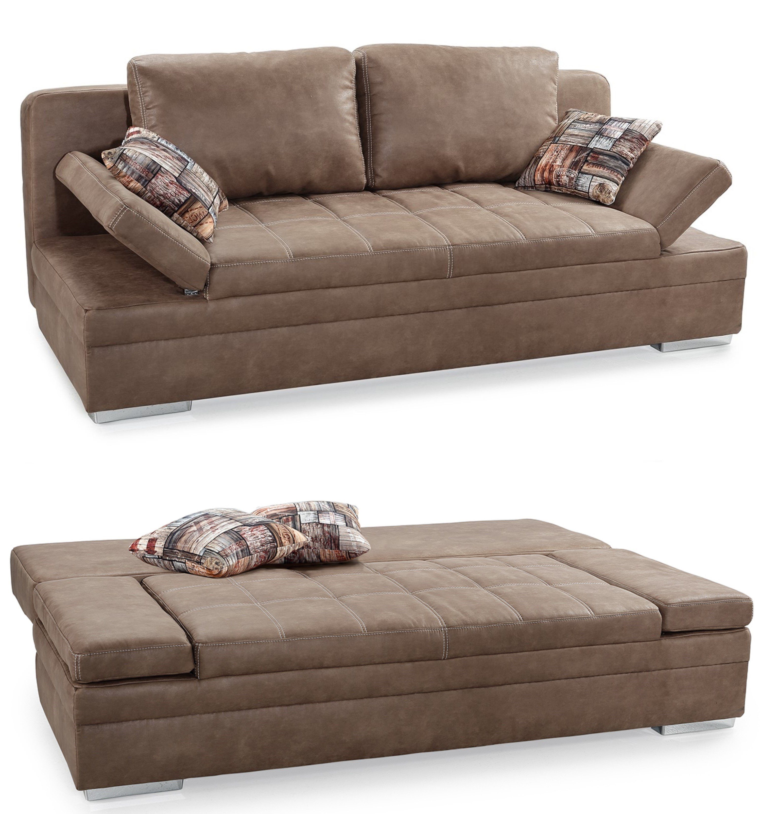 luma-home Schlafsofa 15116, mit Bettkasten 202 cm breit, Armlehnen verstellbar, Bettfunktion, attraktive Steppung, Mikrofaser, Antikleder-Optik, Braun