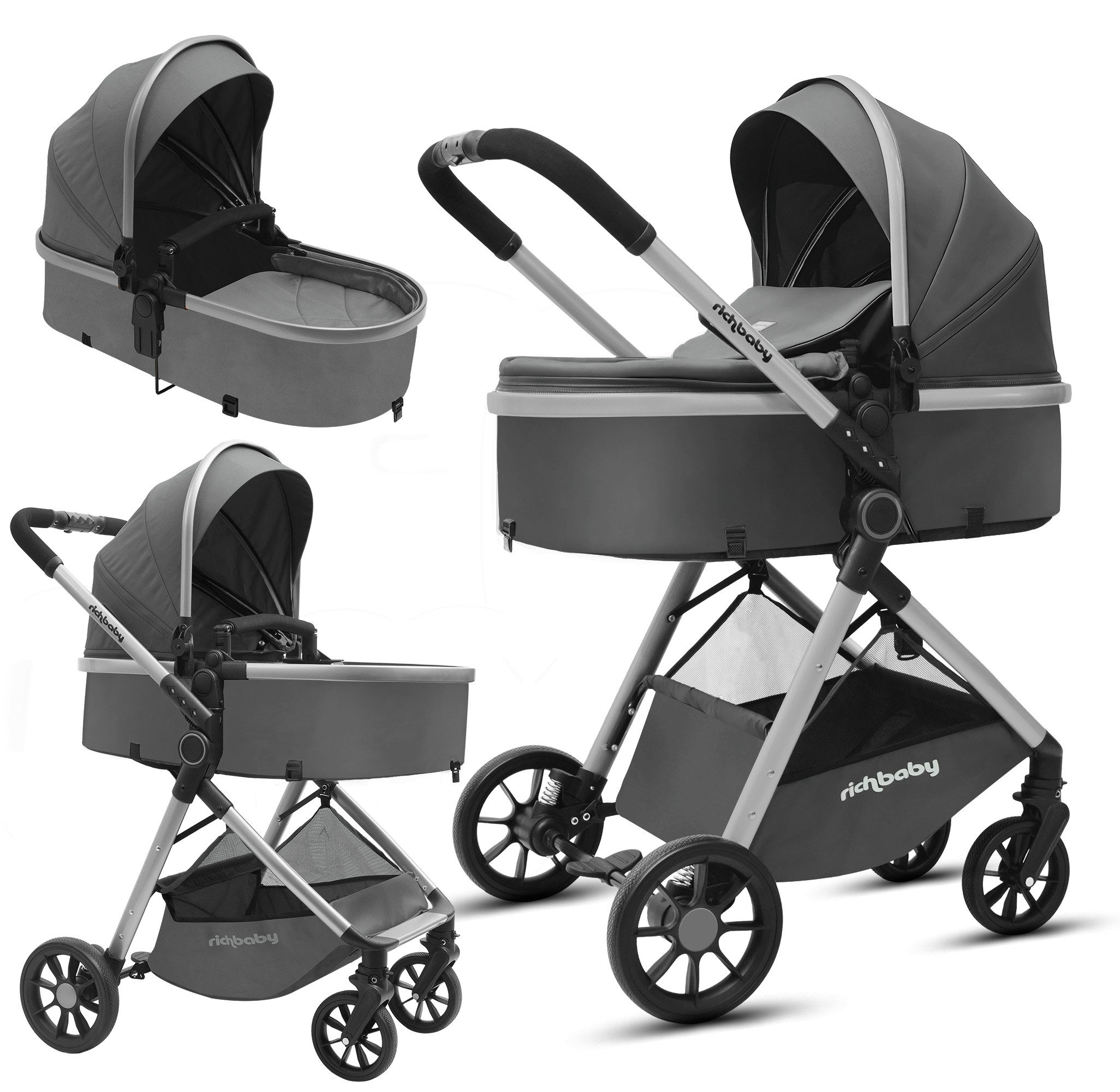 Rich Baby Kombi-Kinderwagen 2 in1 Kombi-Reisekinderwagen & Buggy (0-36 Monate, bis 22 kg), (Kompakt Zusammenklappbar, UV 50+, 5-Punkt-Gurte), Vollflächige Liegeposition, Babywanne, Großer Einkaufskorb Komplettset