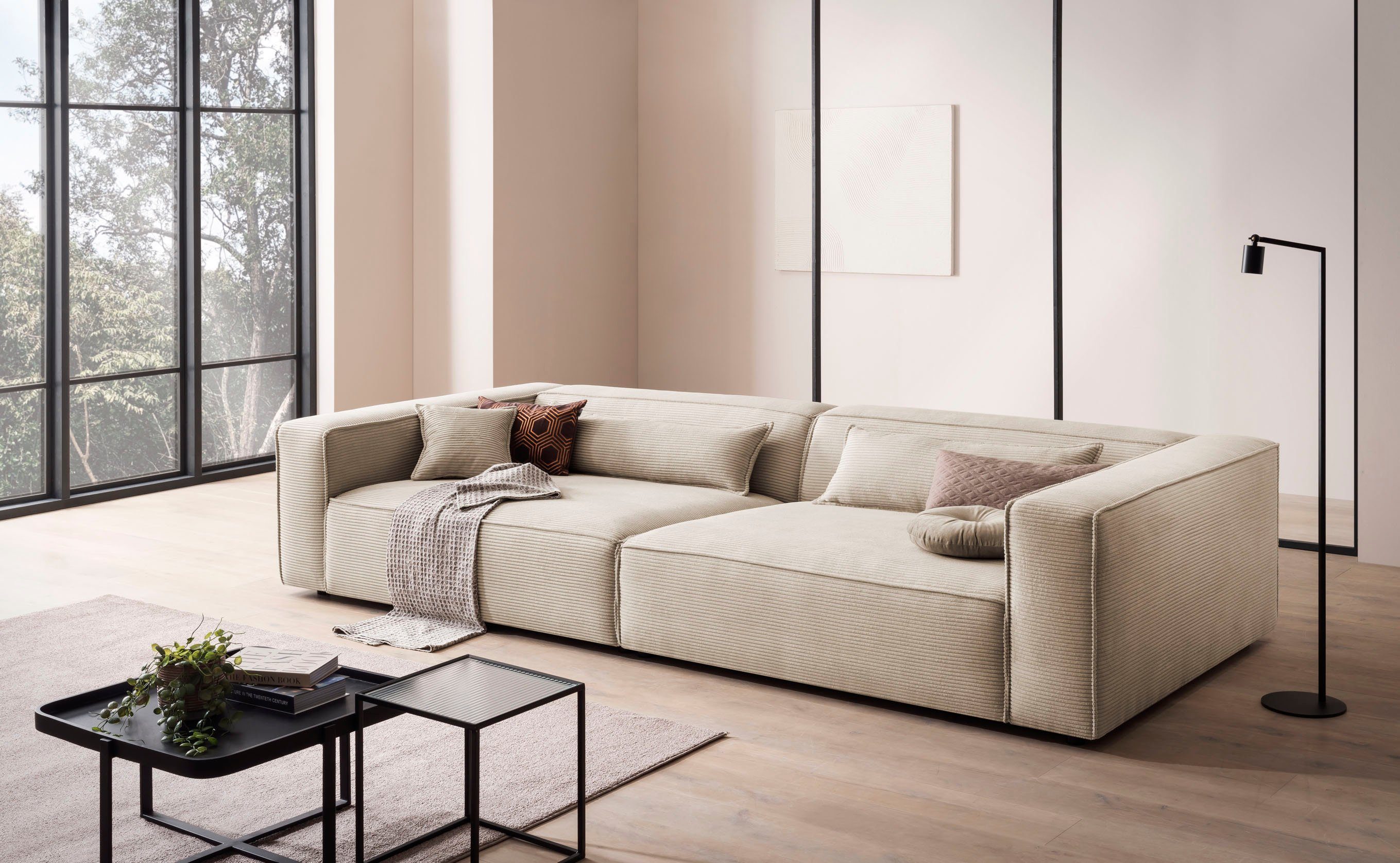 LeGer Home by Lena Gercke 3-Sitzer PIARA XXL Cord, Sofa mit Kedernaht, schwarze Füße, bequemer Sitzkomfort, extra tiefe Sitzfläche