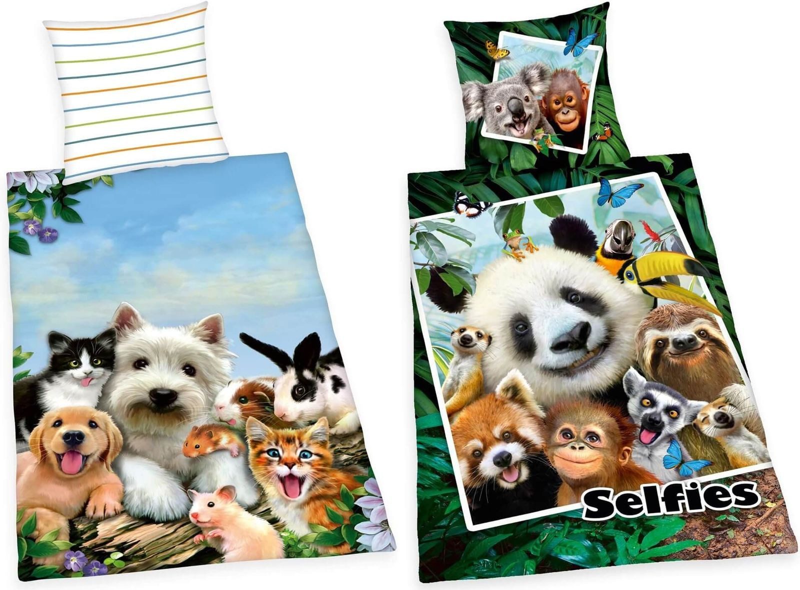 Herding Bettwäsche Selfie Tiere - 2 x Wende-Bettwäsche-Set im Doppelpack, 135x200 & 80x80, Baumwolle, 100% Baumwolle
