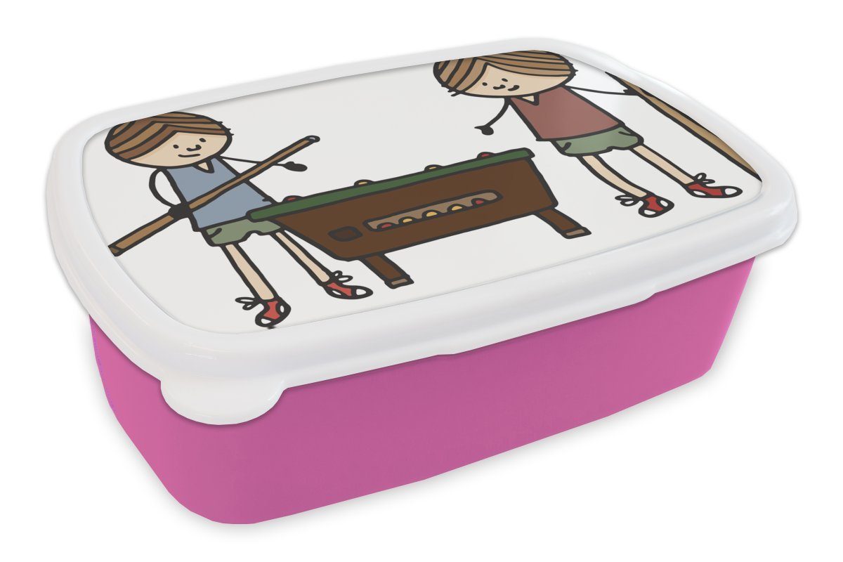 MuchoWow Lunchbox Eine Illustration von zwei Billard spielenden Kindern, Kunststoff, (2-tlg), Brotbox für Erwachsene, Brotdose Kinder, Snackbox, Mädchen, Kunststoff rosa