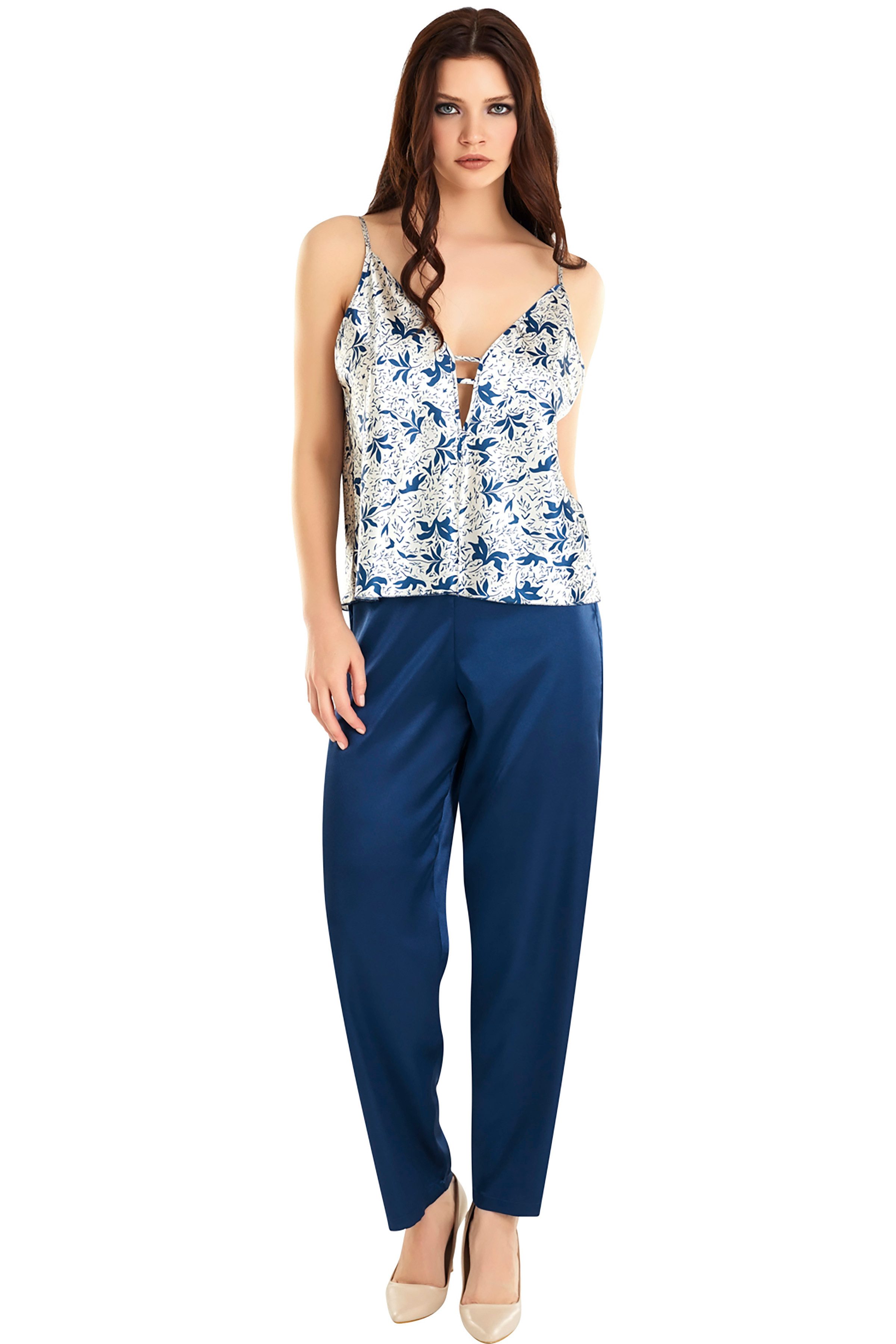 Capri-Pyjama Damen-Satin-Pyjama-Set, 3-tlg: Top, Hose, dunkelblauer Kimono