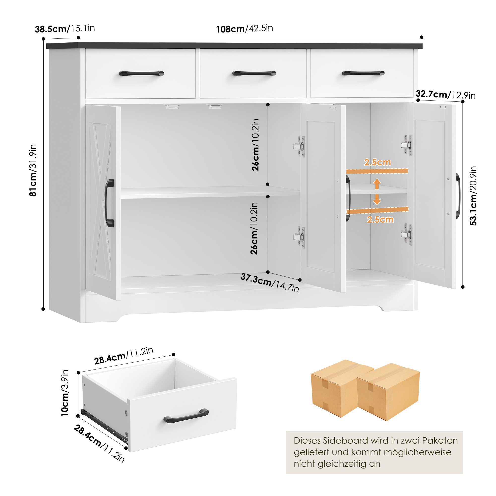 HOMECHO Sideboard, Küchenschrank mit 3 Schubladen und 3 Türen für Küche, We günstig online kaufen