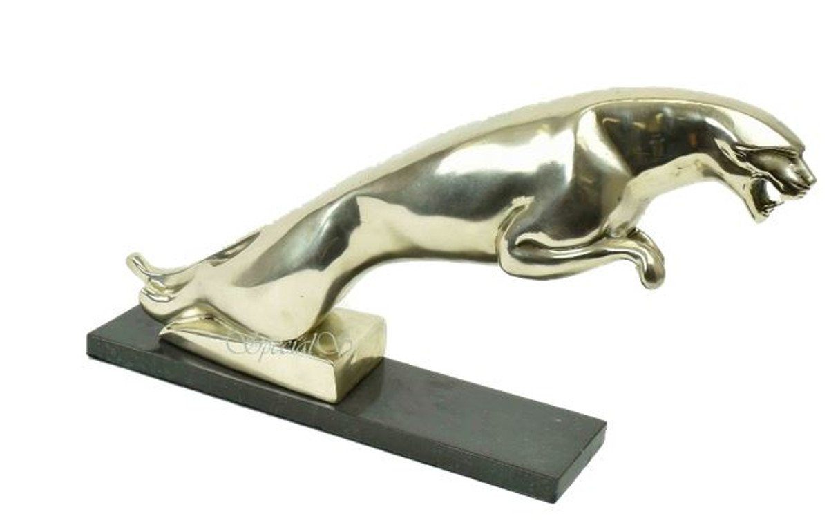 Casa Padrino Dekofigur Luxus Bronzefigur Jaguar auf Holzsockel Silber / Schwarz 54 x 13 x H. 29 cm - Versilberte Bronze Skulptur