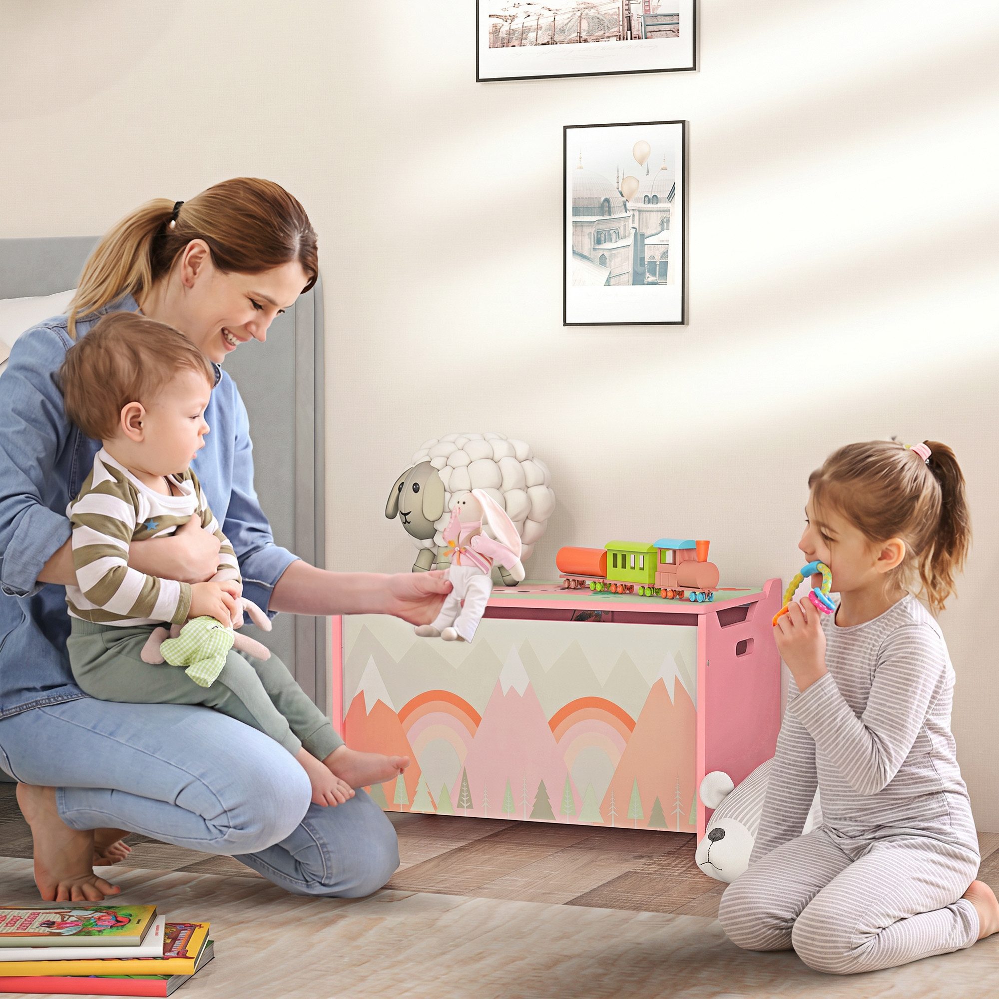 ZONEKIZ Aufbewahrungsbox Spielzeugkiste Sicherheitsscharnier Griff Spielzeug Aufbewahrung (Spielzeugtruhe, 1 St., Spielzeugbox), für Kinderzimmer, Schlafzimmer, Rosa