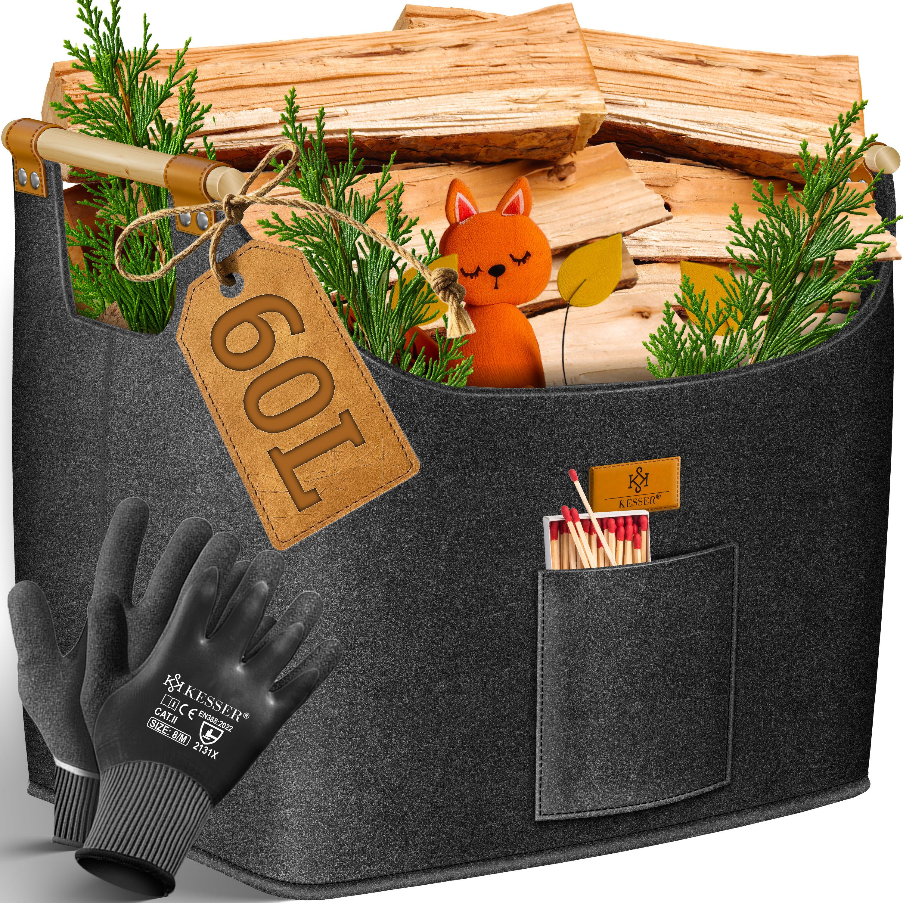 KESSER Kaminholzkorb XL – 60/90 L Volumen, rutschfeste Holzgriffe, Vielseitig nutzbar als Kaminkorb, Einkaufs-, oder Wäschekorb, 700 g/m²