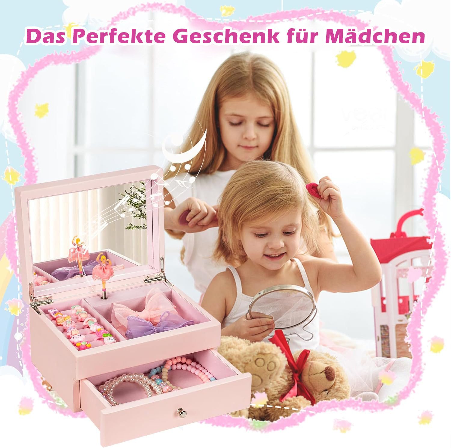 Emfogoo Schmuckkasten 2 Ebenen Musikalisches Schmuckkästchen Rosa, Spieluhr günstig online kaufen