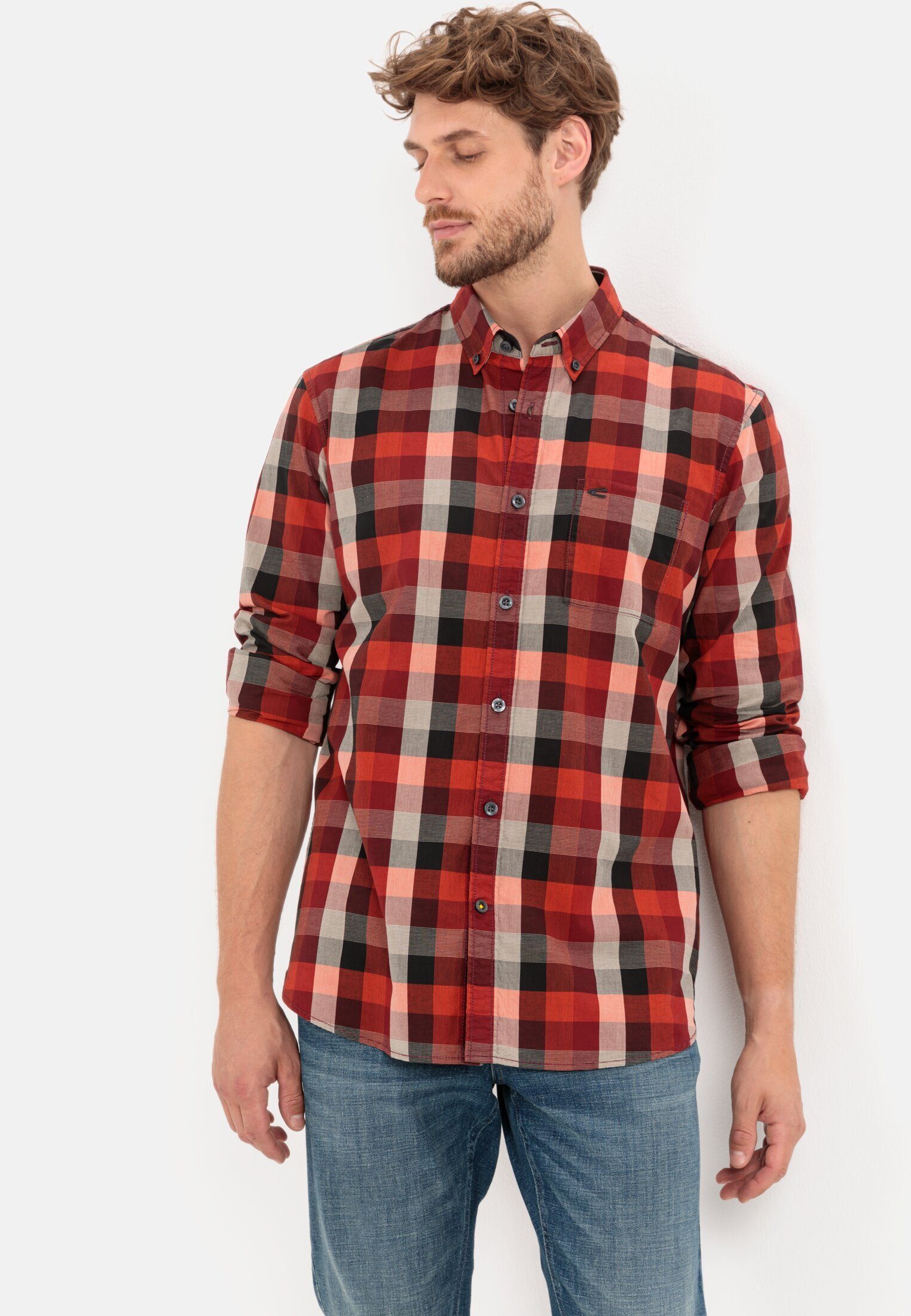 Button-Down reiner active aus Karohemd Baumwolle Rot camel