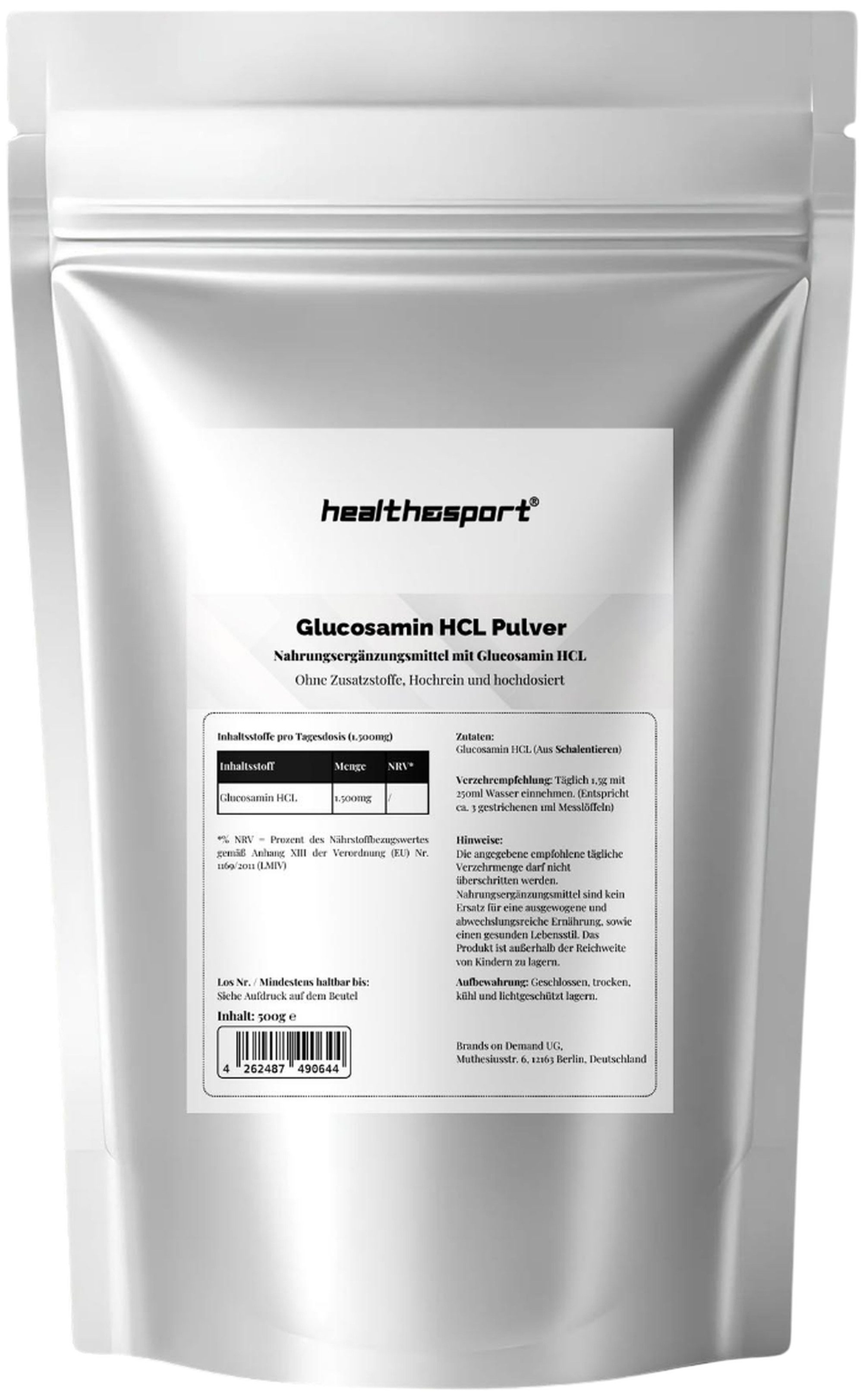 health&sport Glucosamin – Für Gelenke, Knorpel, Regeneration & Vitalität Pulver, 500 g