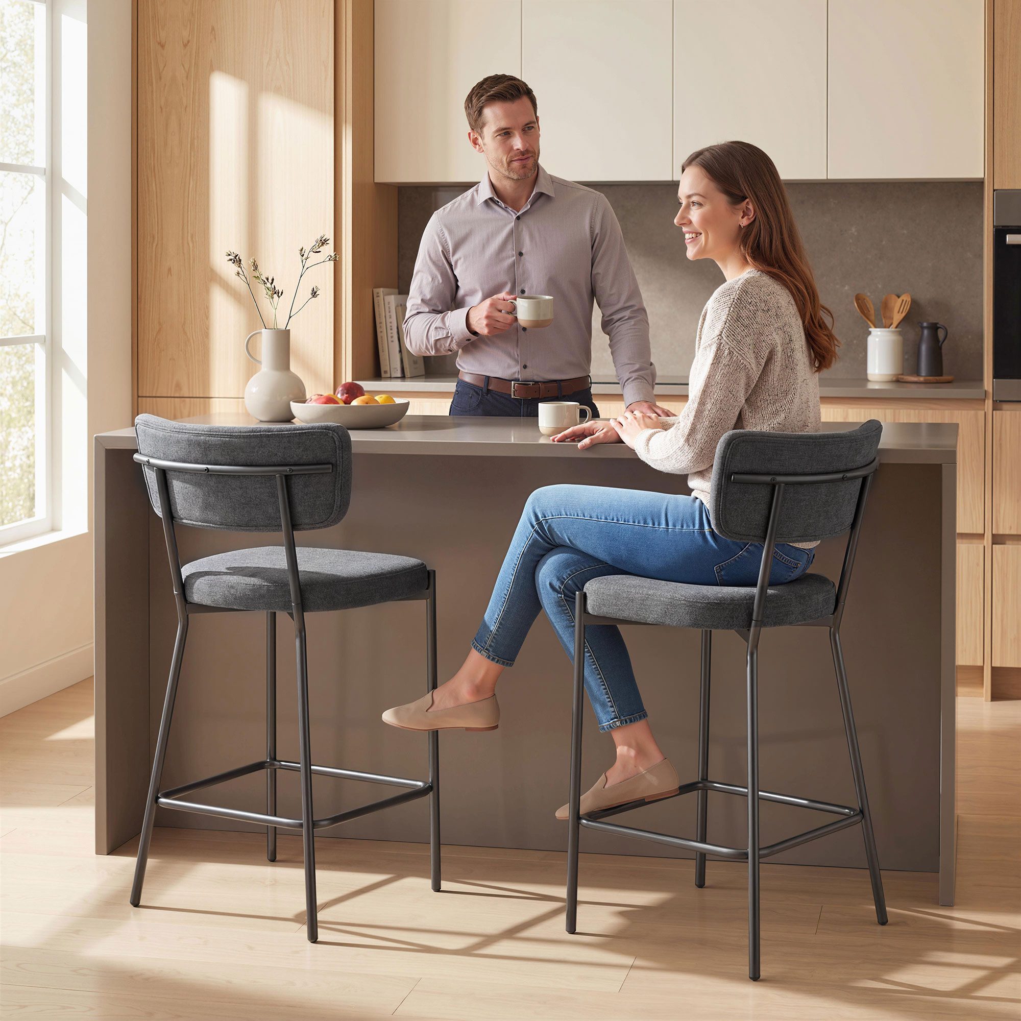 HOMCOM Barhocker Barstühle mit Fußstütze, geschwungener Rückenlehne (Tresenhocker, 2 St., Küchenstuhl), 63 cm Sitzhöhe für Küche, Esszimmer, Grau