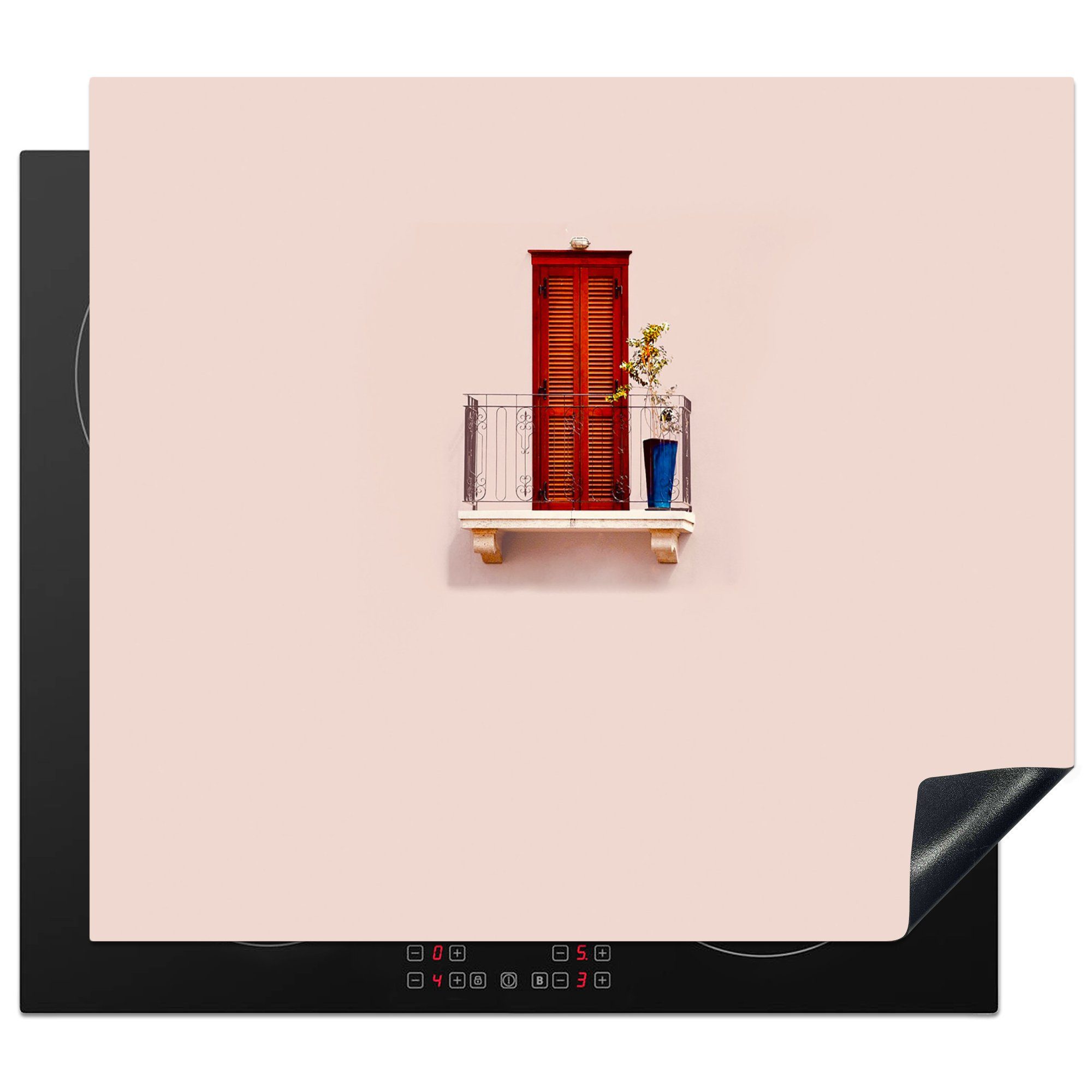MuchoWow Herdblende-/Abdeckplatte Tür - Rot - Pastell - Architektur, Vinyl, (1 tlg), 60x52 cm, Mobile Arbeitsfläche nutzbar, Ceranfeldabdeckung